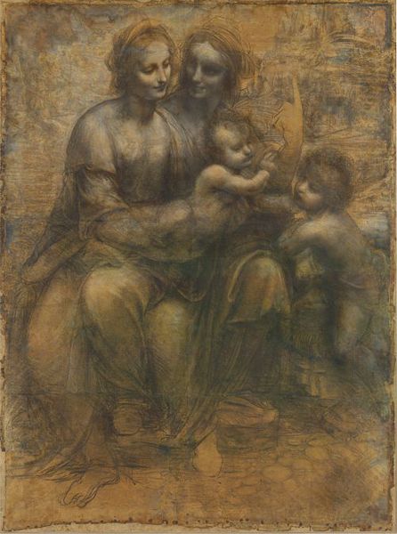 Charcoal Portrait Examples: Leonardo da Vinci (1452-1519) 'Virgin and Child with St. Anne and St. John the Baptist', c.1500. Charcoal and chalk cartoon.