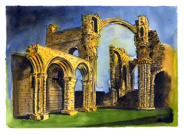An Expressive Pen, Ink and Wash Drawing of Lindisfarne Priory