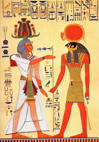 Horus with a pharaoh wearing Hemhem crown.